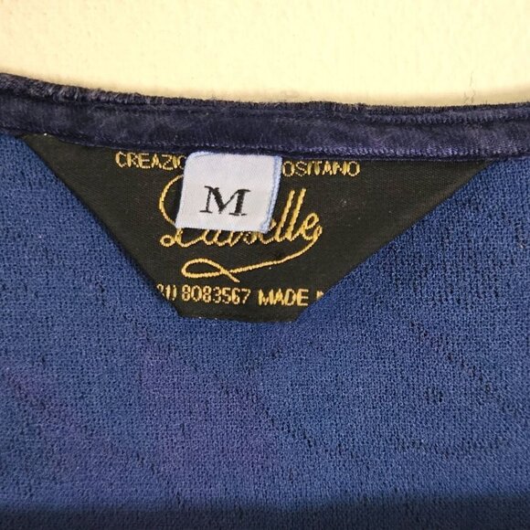 Luiselle Made In Italy Blue Mixed Media Crochet Lace Detail Top Size M - Picture 6 of 7